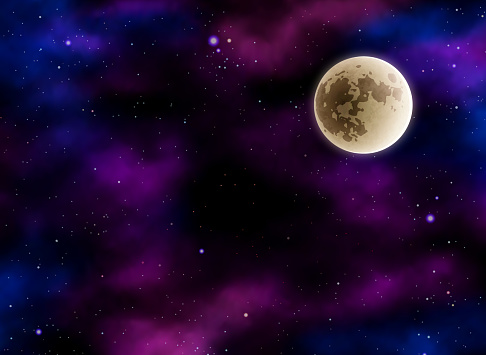 Outer space with moon and nebula. Vector illustration. Blue and Pink Nebula.