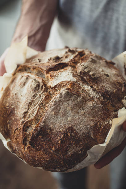 istock Baked bread of sourdough in hands 1169558883