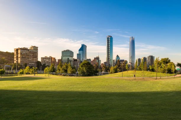 Skyline of buildings at Vitacura and Providencia districts from Parque Bicentenario, Santiago Skyline of buildings at Vitacura and Providencia districts from Parque Bicentenario, Santiago de Chile chile stock pictures, royalty-free photos & images