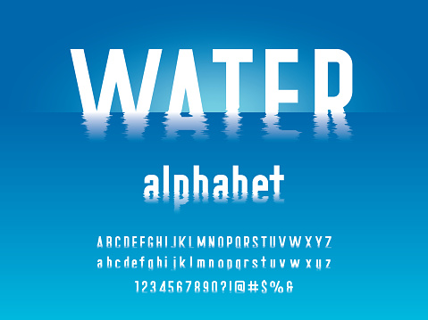 water ripple style alphabet design with uppercase, lowercase, numbers and symbols