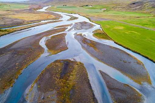 Abstract pattern of a braided river, drone point of view, Sudurland, Iceland.