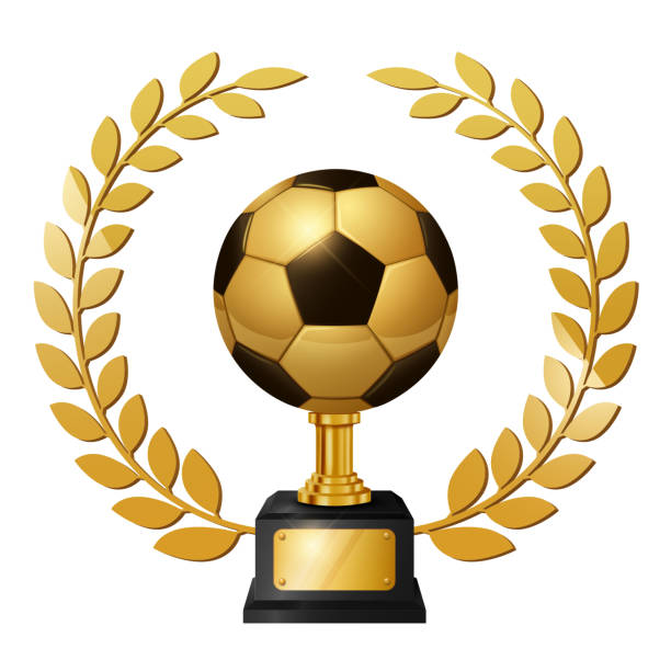 ilustrações de stock, clip art, desenhos animados e ícones de realistic gold soccer ball trophy with gold laurel wreath, isolated on white background - trophy soccer sport success