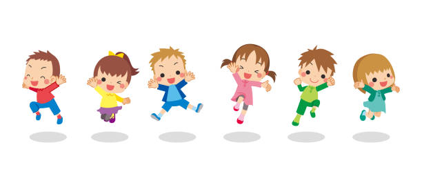 아이들이 가을 옷을 입고 점프하고 있습니다. - child jumping white background small stock illustrations