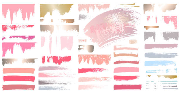 ilustrações de stock, clip art, desenhos animados e ícones de swatches makeup strokes. set beauty cosmetic nude brush stains smear make up lines collection lipstick swatches texture isolated pink gold paint line golden texture. hand drawn vector illustration. - blush