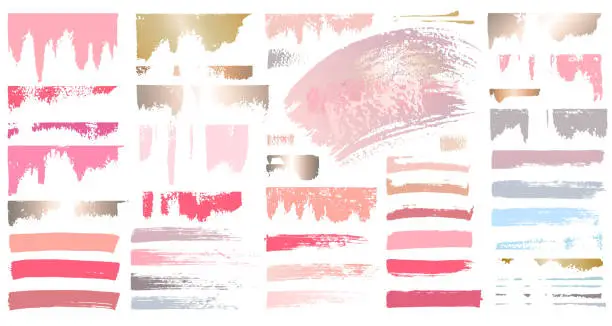 Vector illustration of Swatches makeup strokes. Set beauty cosmetic nude brush stains smear make up lines collection lipstick swatches texture isolated pink gold paint line golden texture. Hand drawn vector illustration.