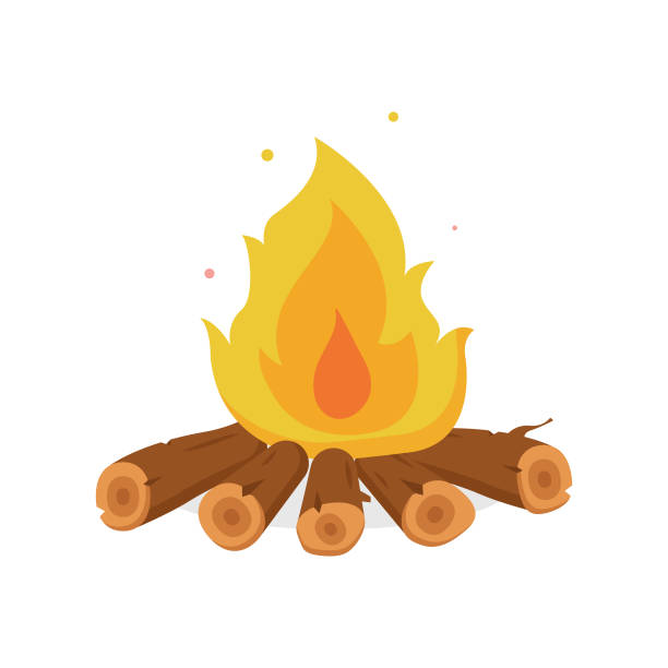 火のイラストと焚き火漫画スタイルフラットデザイン。 - キャンプファイヤー イラスト点のイラスト素材／クリップアート素材／マンガ素材／アイコン素材