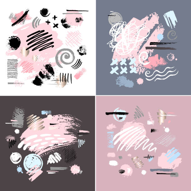 illustrations, cliparts, dessins animés et icônes de affiche abstraite coups de maquillage pastel. définir beauté cosmétiques taches de pinceau nu frottis maquillage composent les lignes de rouge à lèvres collection échantillons texture isolée ligne de peinture d'or rose texture feuille dorée. - backgrounds abstract paintings art product