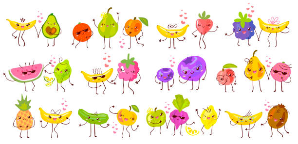 istock Cute funny fruit characters set isolated on white background. Smiling kawaii cartoon happy fruits collection. Hand drawn vector illustration. 1169564775