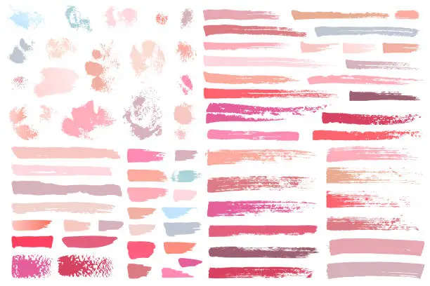 Vector illustration of Swatches makeup strokes. Set beauty cosmetic nude brush stains smear make up lines collection lipstick swatches texture isolated on white paint line texture. Hand drawn vector illustration.