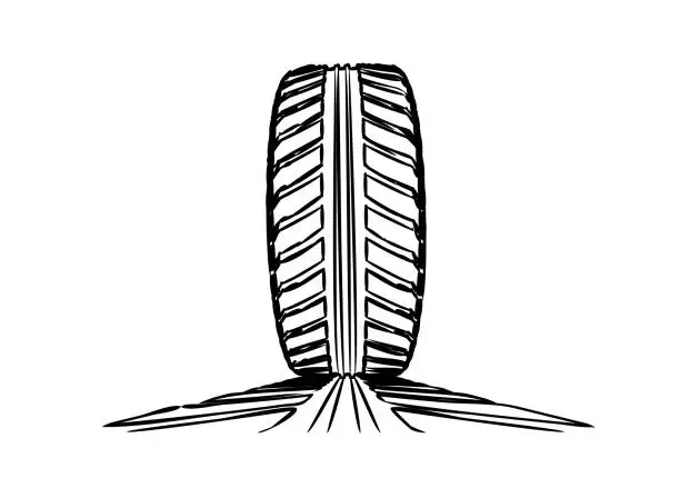 Vector illustration of Car tire with tire marks on a white background. Hand-drawn design