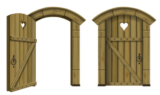 Antique wooden arched door fantasy Ancient wooden arched door fantasy scandinavian gothic. Vector graphics. The ancient hut. Texture temple decor stock illustrations