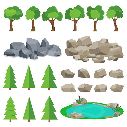 Trees, stones, lakes. A set of realistic elements of nature. Flat design, vector illustration, vector.