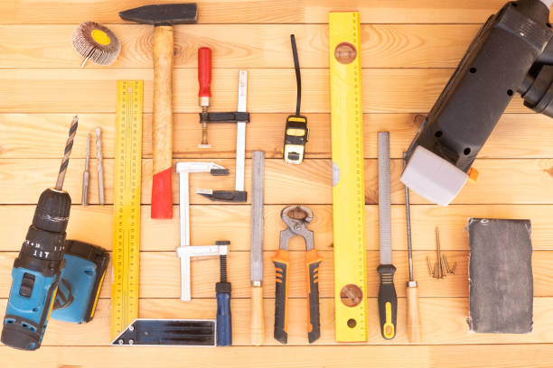 istock Table with tools assortment for work and hobby to recovery pallets. Terrace field with sunlight. no person 1169570448