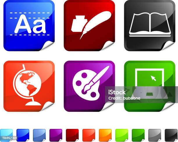 Education Royalty Free Vector Icon Set On Sticker Stock Illustration - Download Image Now - Alphabet, Arrow Symbol, Artist's Palette
