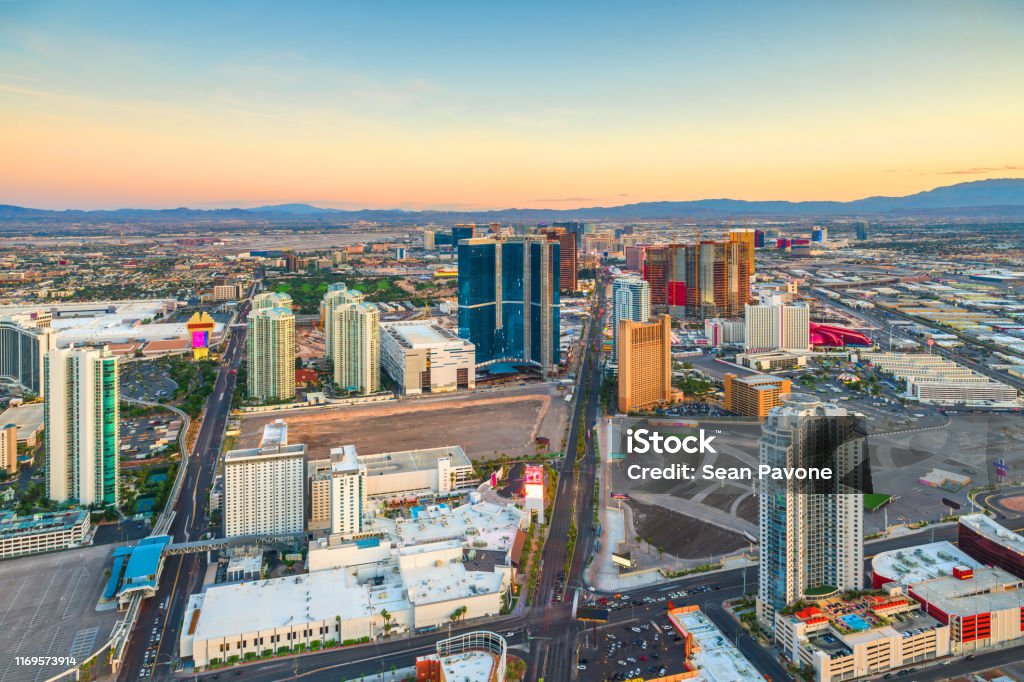 Las Vegas, Nevada, USA skyline over the strip Las Vegas, Nevada, USA skyline over the strip at dusk. Las Vegas Stock Photo