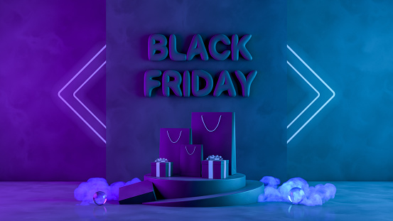 3d rendering of gift boxes and shopping bags and smoke with neon lights on dark background. Black Friday Concept. Dirty grunge black background.