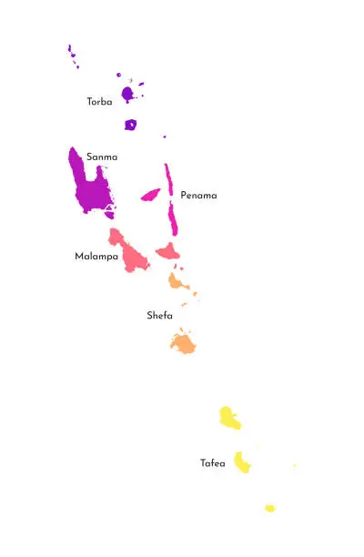 Vector illustration of Vector isolated illustration of simplified administrative map of Vanuatu. Borders and names of the provinces (regions). Multi colored silhouettes