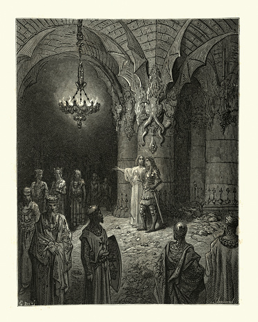 Vintage illustration from the story Orlando Furioso. Knights gathering in the crypts. Orlando Furioso (The Frenzy of Orlando) an Italian epic poem by Ludovico Ariosto, illustrated by Gustave Dore. The story is also a chivalric romance which stemmed from a tradition beginning in the late Middle Ages.