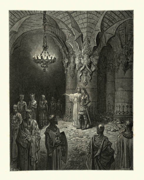 Knights gathering in the crypts, Orlando Furioso Vintage illustration from the story Orlando Furioso. Knights gathering in the crypts. Orlando Furioso (The Frenzy of Orlando) an Italian epic poem by Ludovico Ariosto, illustrated by Gustave Dore. The story is also a chivalric romance which stemmed from a tradition beginning in the late Middle Ages. knights templar stock illustrations