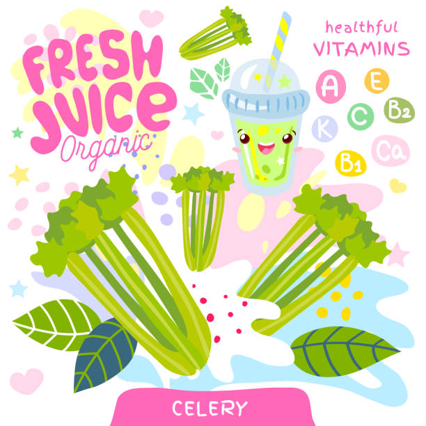 illustrazioni stock, clip art, cartoni animati e icone di tendenza di succo fresco bicchiere biologico carino carattere kawaii. tazza frullati verde vegetale di sedano. illustrazione vettoriale. - juice celery drink vegetable