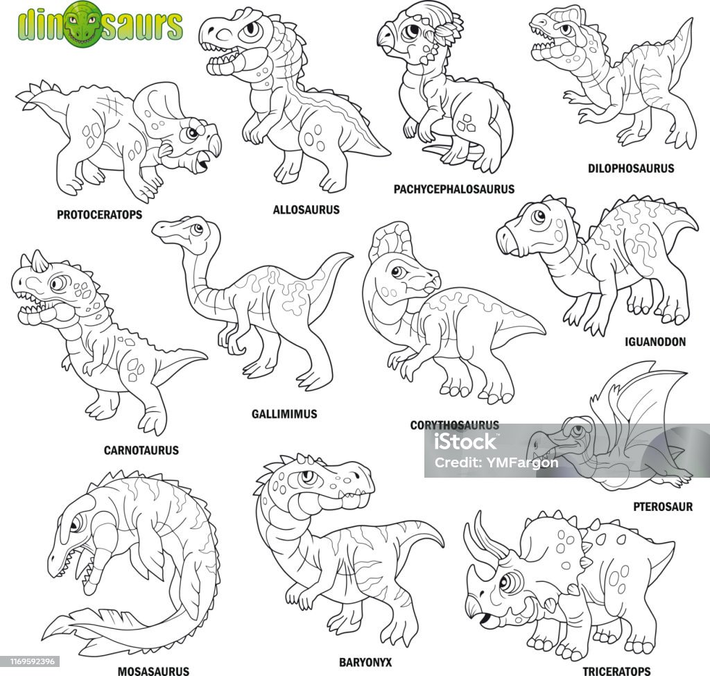 귀여운 선사 시대 공룡 색칠 공부 이미지 세트 공룡에 대한 스톡 벡터 아트 및 기타 이미지 - 공룡, 색칠놀이 책, 색칠하기 -  Istock