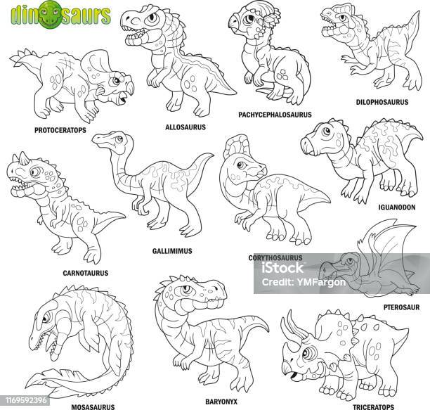 귀여운 선사 시대 공룡 색칠 공부 이미지 세트 공룡에 대한 스톡 벡터 아트 및 기타 이미지 - 공룡, 색칠놀이 책, 모사사우루스 -  Istock