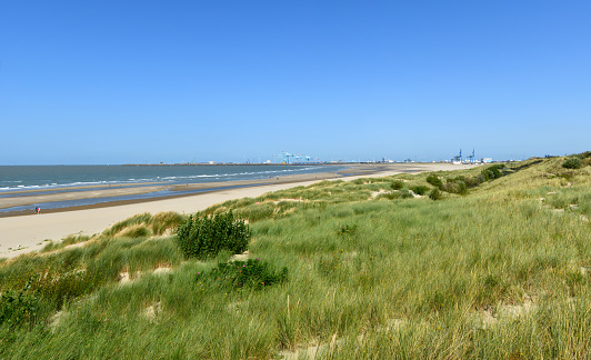 Nature landscape: sea, sand, grass and dunes and a seaport on a bright blue sky. People silhouettes in background.