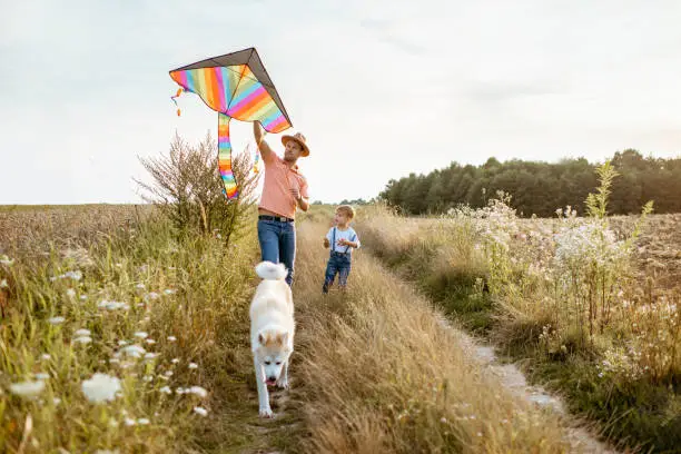 Father and son walking together with colorful air kite and dog on the field during the sunset. Concept of a happy family