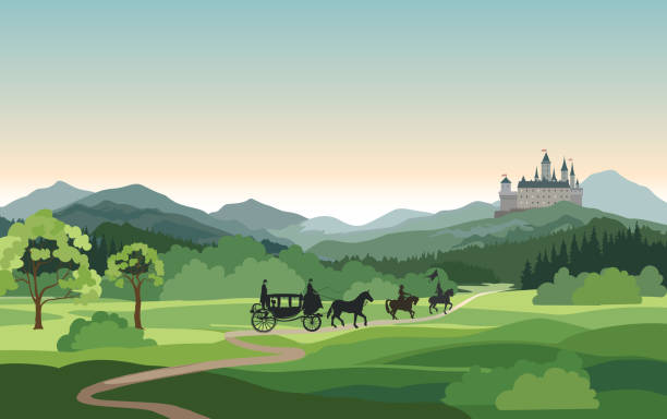 illustrazioni stock, clip art, cartoni animati e icone di tendenza di castello, carrozza, cavaliere sul paesaggio montano. sfondo di natura rurale medievale. skyline delle colline - castello