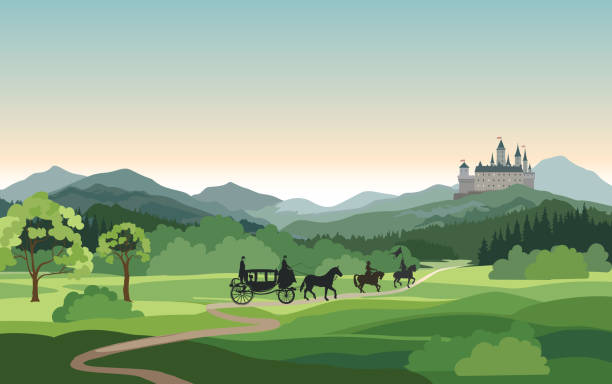 stockillustraties, clipart, cartoons en iconen met kasteel, koets, ridder over bergen landschap. middeleeuwse landelijke natuur achtergrond. hills skyline - fortress