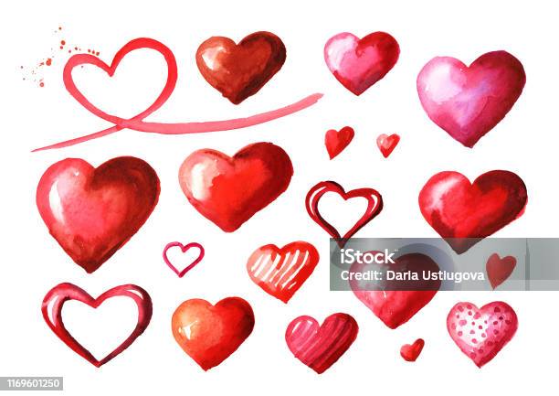 Love And Romance Valentines Red Heart Set Watercolor Hand Drawn  Illustration Isolated On White Background Stock Illustration - Download  Image Now - iStock