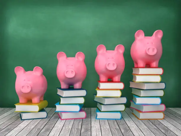 Photo of Piggy Bank with Books Chart on Chalkboard Background - 3D Rendering