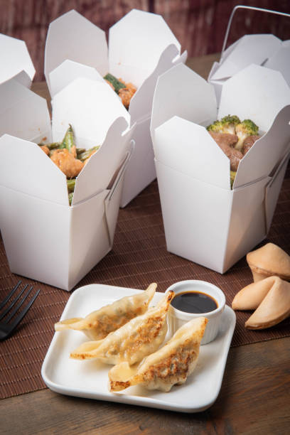 istock gyoza dumpling with american chinese food container 1169603919