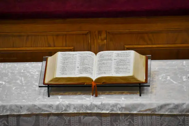Bible in the pulpit of a church. Harlem, NYC.