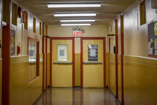 School hall with exit setting. Harlem, NYC. stock photo