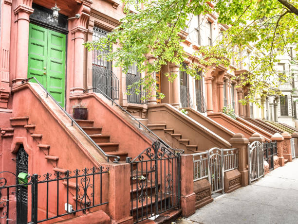 Main ladder and entry door. New york Harlem buildings. Brown houses. NYC, USA. stock photo