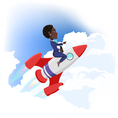 Businesswoman flying up on space rocket. Success Achievement concept Cartoon Vector illustration