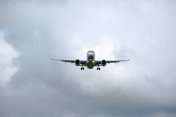 istock Airplane in landing approach with dark cloudscape 1169618163