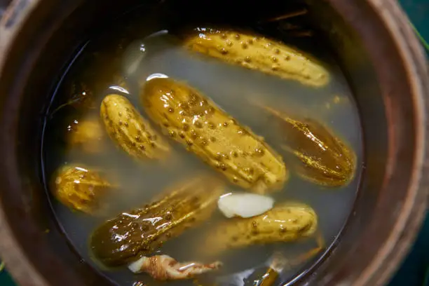 Homemade pickled cucumbers in brine with garlic, dill and horseradish