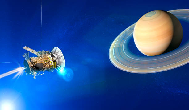 リング付き惑星土星の眺め。惑星周辺探査におけるカッシーニ探査 - ボイジャー ストックフォトと画像