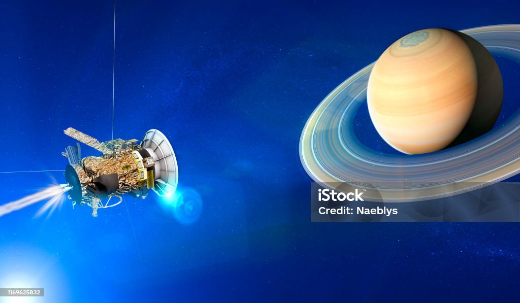 View of the planet Saturn with rings. Cassini probe in exploration around the planet View of the planet Saturn with rings. Cassini probe in exploration around the planet. Solar system. 3d render Voyager - Spacecraft Stock Photo