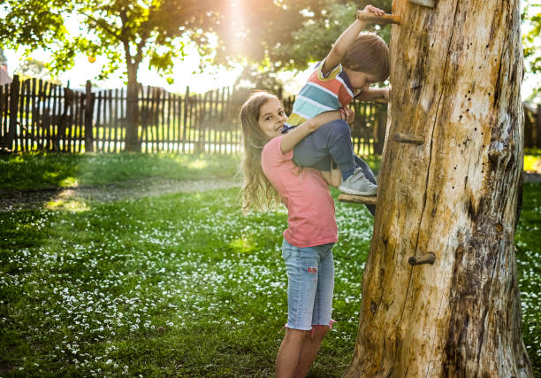 istock Cute girl helping small brother to climb a tree 1169630831