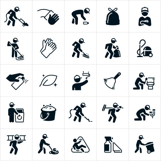 ilustrações de stock, clip art, desenhos animados e ícones de janitorial icons - moving down symbol computer icon people