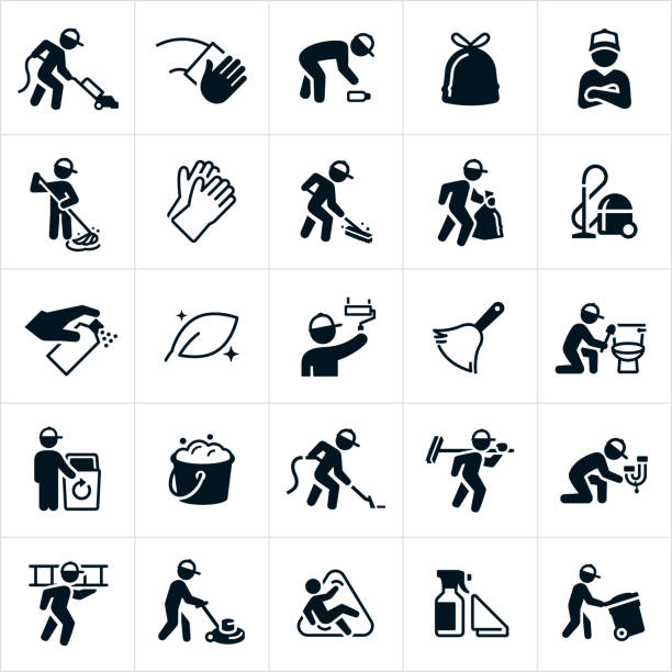 Janitorial Icons A set of janitorial icons. The icons show a janitor vacuuming, mopping, sweeping, painting, carrying a bag of trash, picking up trash, carpet cleaning, cleaning a toilet, fixing a leaky faucet, buffing the floor and pushing a garbage can. The set also includes a bag of trash, cleaning with a towel, rubber cleaning gloves, a vacuum, a duster, a can of cleaner and a bucket of soap suds to name just a few. black trash bin stock illustrations