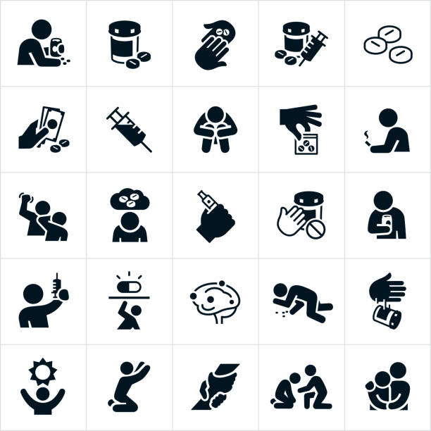 Drug Abuse and Recovery Icons A set of drug abuse related icons as well as recovery from drug addiction. The icons include people abusing prescription drugs, mixing pills with alcohol, selling and buying opioids, a syringe, prescription pills, pill bottle, depression and isolation as a result from drug addiction, a bag of pills, smoking, vaping, anger and abuse resulting from drug abuse, syringe, overdose, pill disposal and the effects of drugs on the brain. The set also includes icons of hope and recovery. They show a person reaching for the sun, a person kneeling and reaching for help, a rescuing hand and an arm around the shoulder. buying liquor stock illustrations