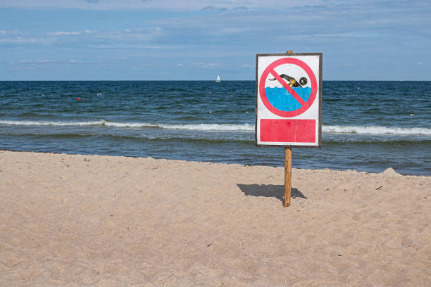 istock No swimming warning sign on the beach 1169633703