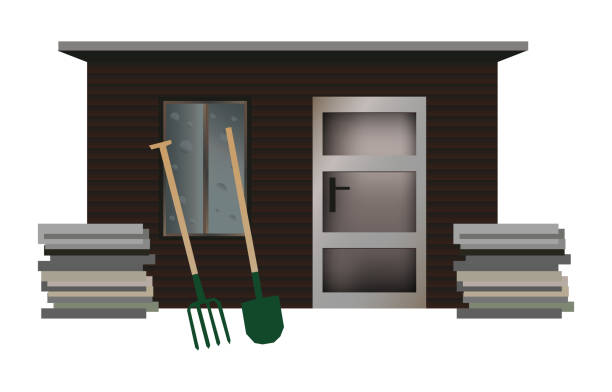 ilustraciones, imágenes clip art, dibujos animados e iconos de stock de ilustración vectorial de pequeño cobertizo de jardín de madera con horquilla y pala aislada sobre un fondo blanco. - shed cottage hut barn