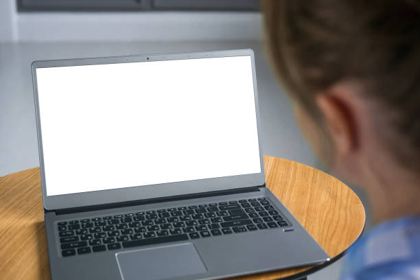 istock Woman looking at laptop with white empty display 1169638251