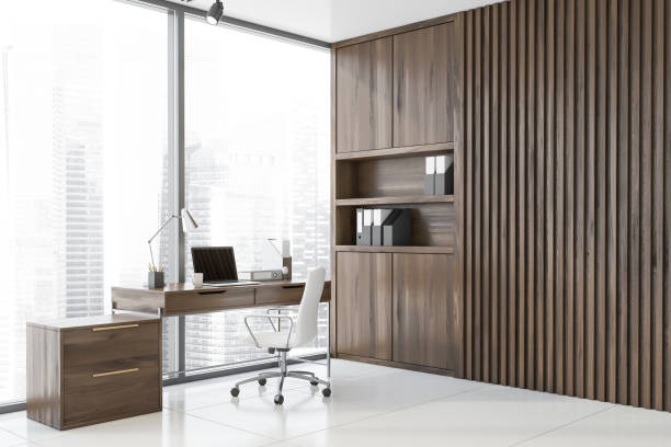 istock Corner of panoramic wooden CEO office 1169641133