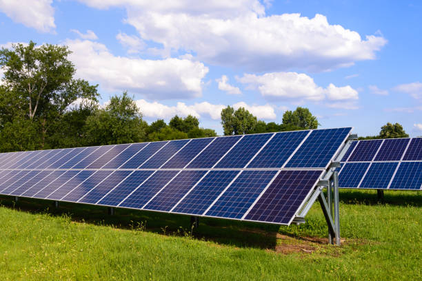 istock Solar panels mounted on the ground. Green grass and blue sky background 1169642090